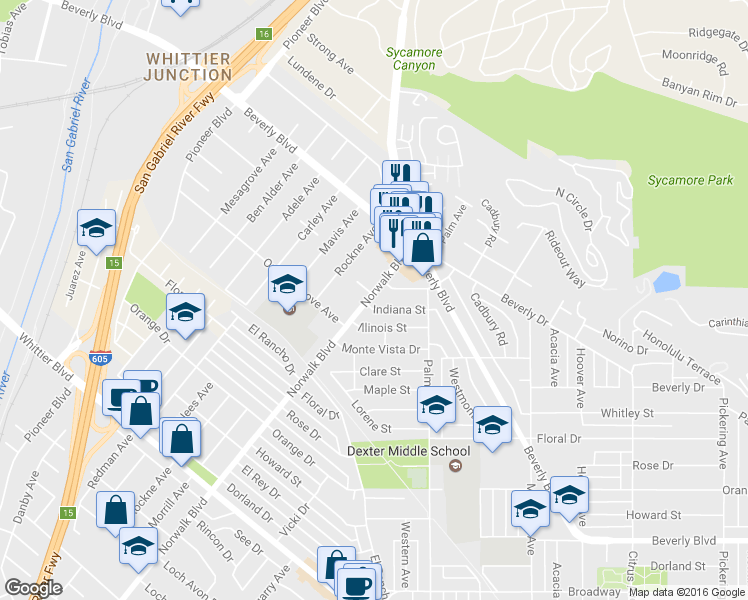 map of restaurants, bars, coffee shops, grocery stores, and more near 5522 Norwalk Boulevard in Whittier