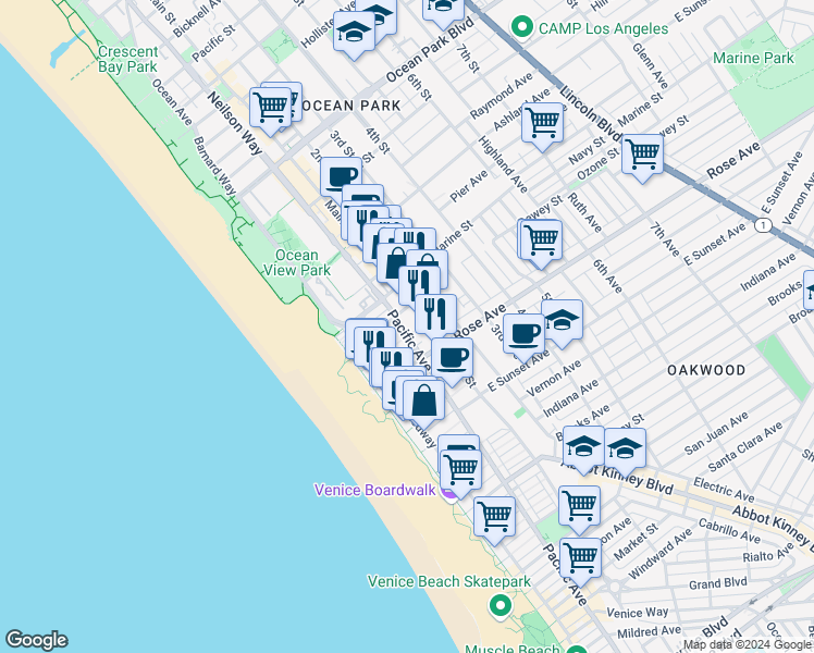 map of restaurants, bars, coffee shops, grocery stores, and more near 116 Pacific Avenue in Los Angeles