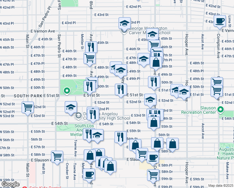 map of restaurants, bars, coffee shops, grocery stores, and more near 767 East 52nd Street in Los Angeles