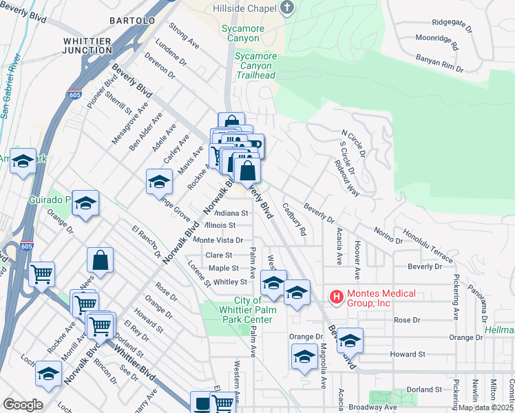 map of restaurants, bars, coffee shops, grocery stores, and more near 11514 Beverly Boulevard in Whittier