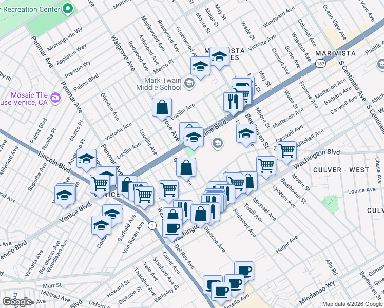 map of restaurants, bars, coffee shops, grocery stores, and more near 2445 Walgrove Avenue in Los Angeles