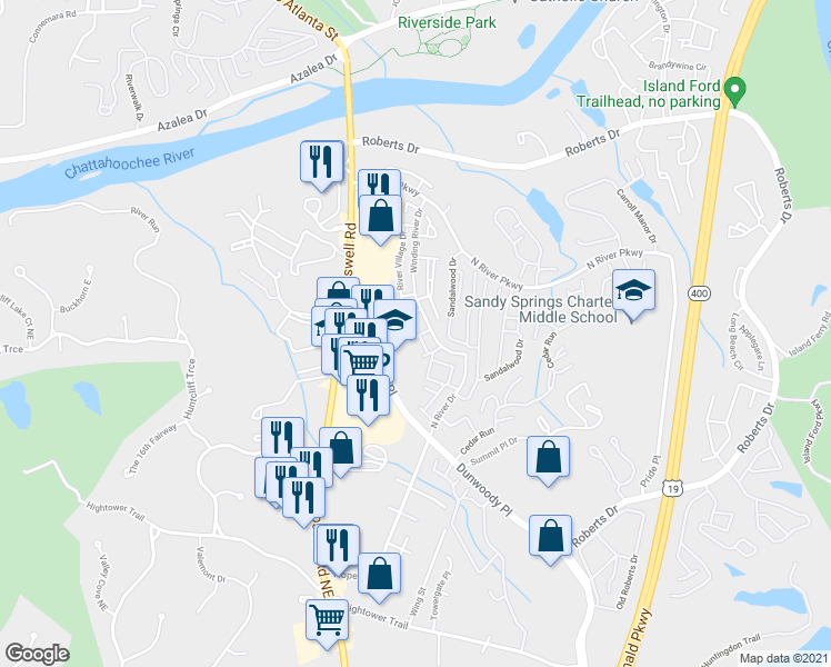map of restaurants, bars, coffee shops, grocery stores, and more near 215 Winding River Drive in Sandy Springs