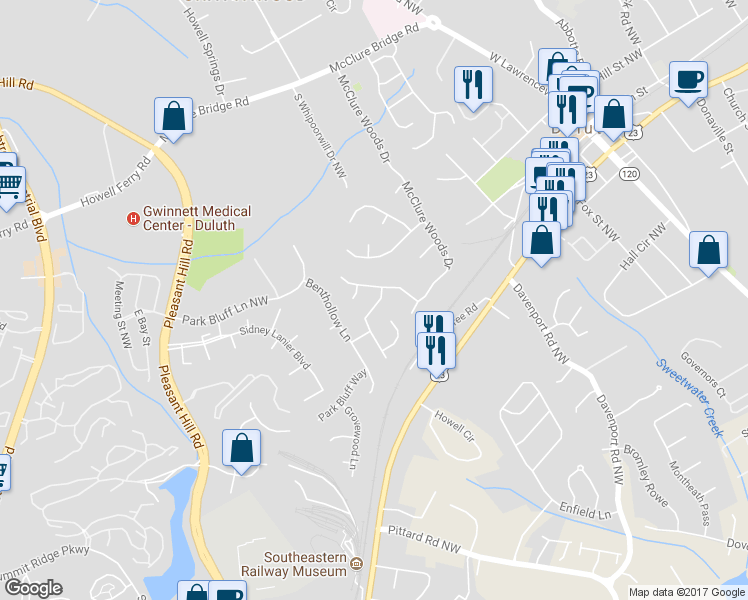 map of restaurants, bars, coffee shops, grocery stores, and more near 3684 Willgrove Way in Duluth
