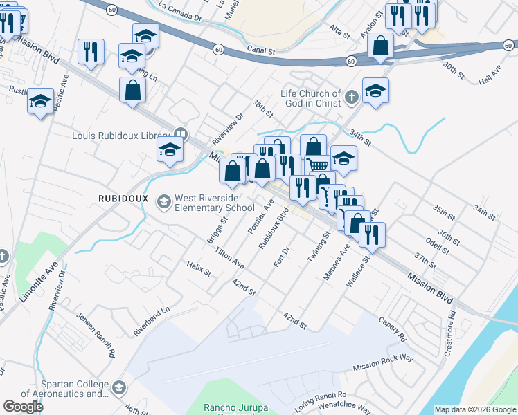 map of restaurants, bars, coffee shops, grocery stores, and more near 3931 Pontiac Avenue in Riverside