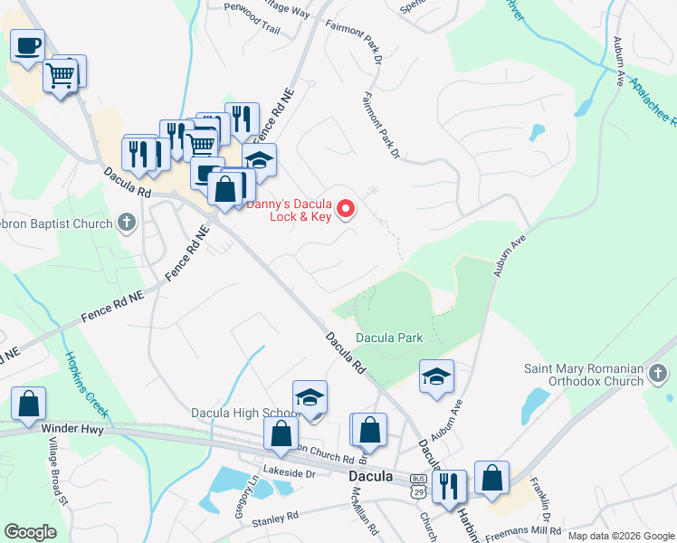 map of restaurants, bars, coffee shops, grocery stores, and more near 2557 Walking Path Lane in Dacula