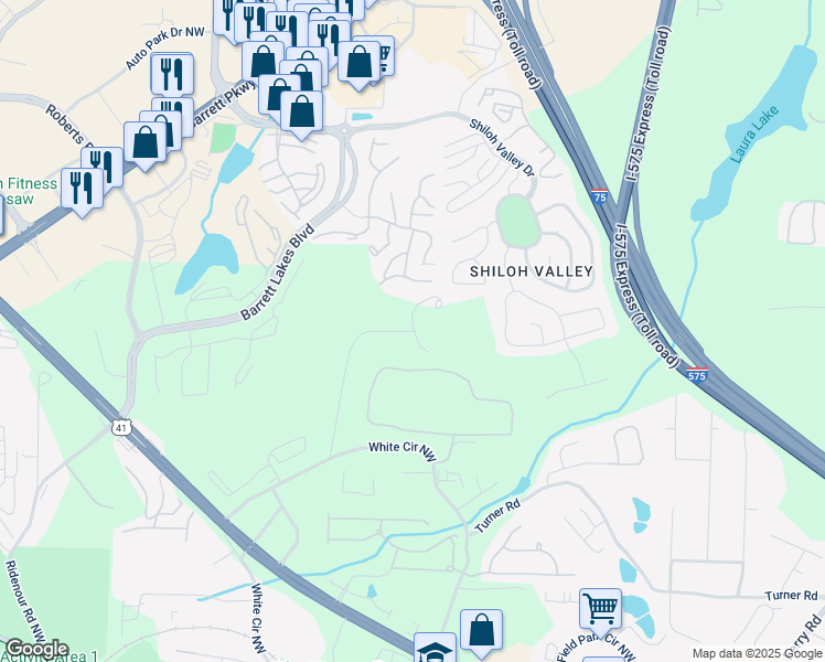 map of restaurants, bars, coffee shops, grocery stores, and more near 428 Noonday Church Road in Kennesaw