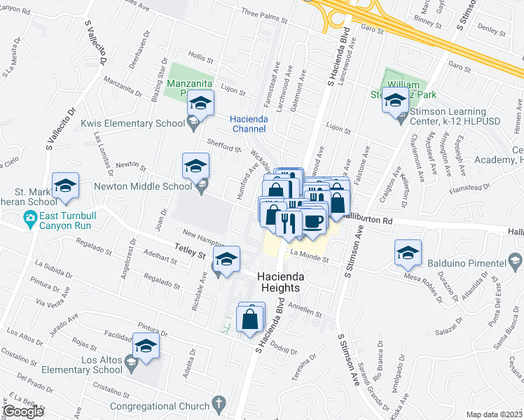 map of restaurants, bars, coffee shops, grocery stores, and more near 2071 Wickshire Avenue in La Puente
