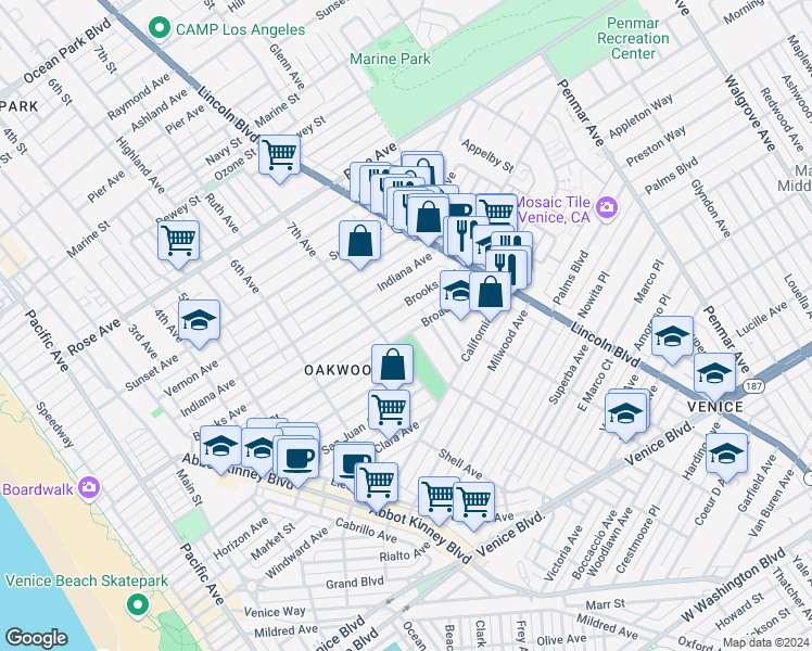 map of restaurants, bars, coffee shops, grocery stores, and more near 724 San Miguel Avenue in Los Angeles