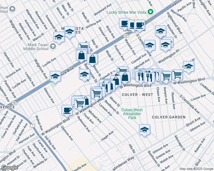 map of restaurants, bars, coffee shops, grocery stores, and more near in Los Angeles