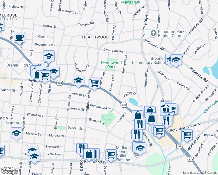 map of restaurants, bars, coffee shops, grocery stores, and more near 3930 U.S. 378 in Columbia