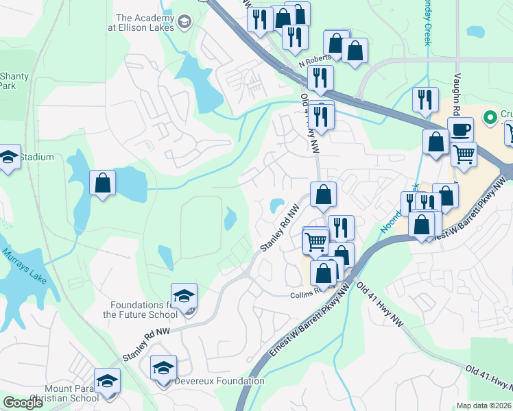 map of restaurants, bars, coffee shops, grocery stores, and more near 1911 Stancrest Trace Northwest in Kennesaw