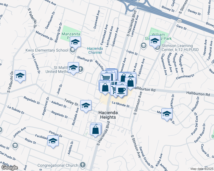 map of restaurants, bars, coffee shops, grocery stores, and more near 2101 South Hacienda Boulevard in Hacienda Heights