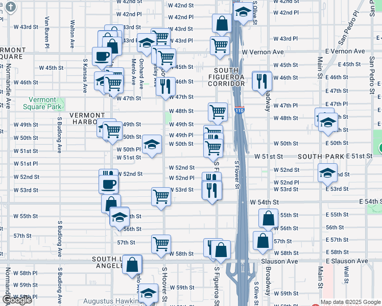map of restaurants, bars, coffee shops, grocery stores, and more near 617 West 51st Street in Los Angeles