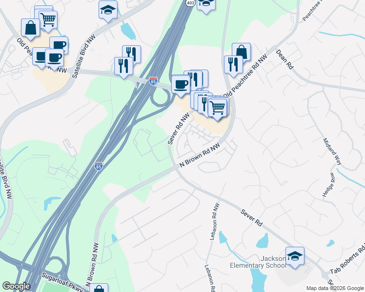 map of restaurants, bars, coffee shops, grocery stores, and more near 2390 Strand Avenue in Lawrenceville