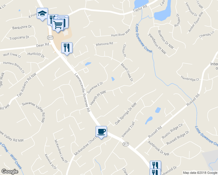 map of restaurants, bars, coffee shops, grocery stores, and more near 529 Hearth Place Northwest in Lawrenceville