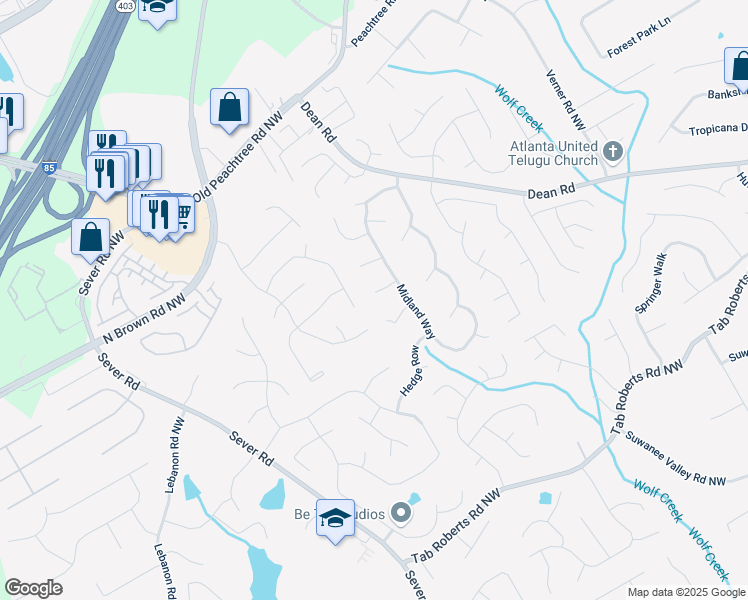 map of restaurants, bars, coffee shops, grocery stores, and more near 1172 Malvern Hunt Court in Lawrenceville
