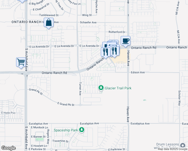 map of restaurants, bars, coffee shops, grocery stores, and more near 3205 East Mount Rainier Drive in Ontario