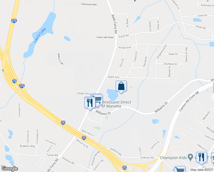 map of restaurants, bars, coffee shops, grocery stores, and more near 351 Oak Harbor Trail in Marietta