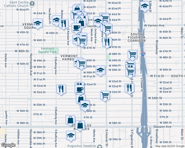 map of restaurants, bars, coffee shops, grocery stores, and more near 908 West 50th Place in Los Angeles