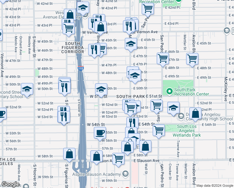 map of restaurants, bars, coffee shops, grocery stores, and more near 153 West 51st Street in Los Angeles