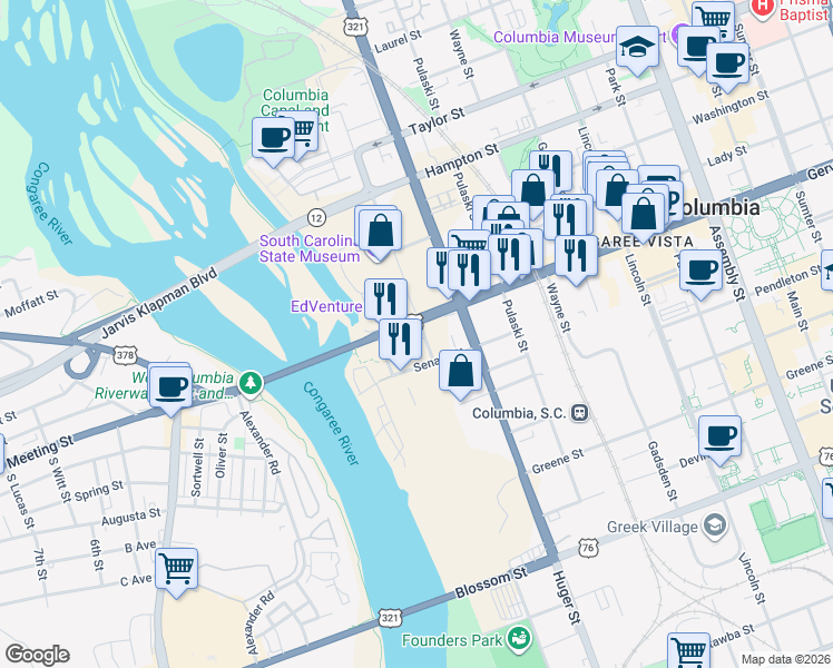 map of restaurants, bars, coffee shops, grocery stores, and more near 1133 Williams Street in Columbia