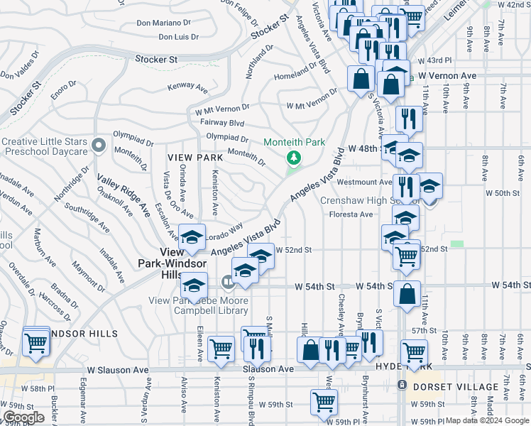 map of restaurants, bars, coffee shops, grocery stores, and more near 3704 Lorado Way in View Park-Windsor Hills