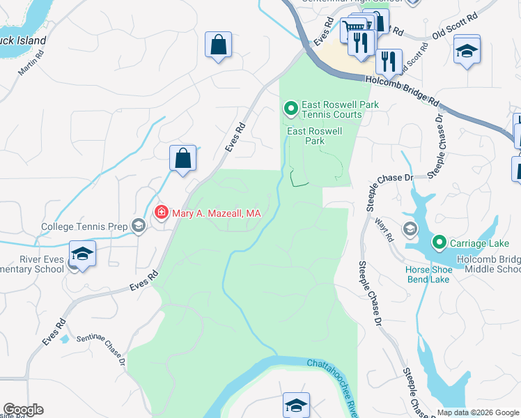 map of restaurants, bars, coffee shops, grocery stores, and more near 2125 River Falls Drive in Roswell