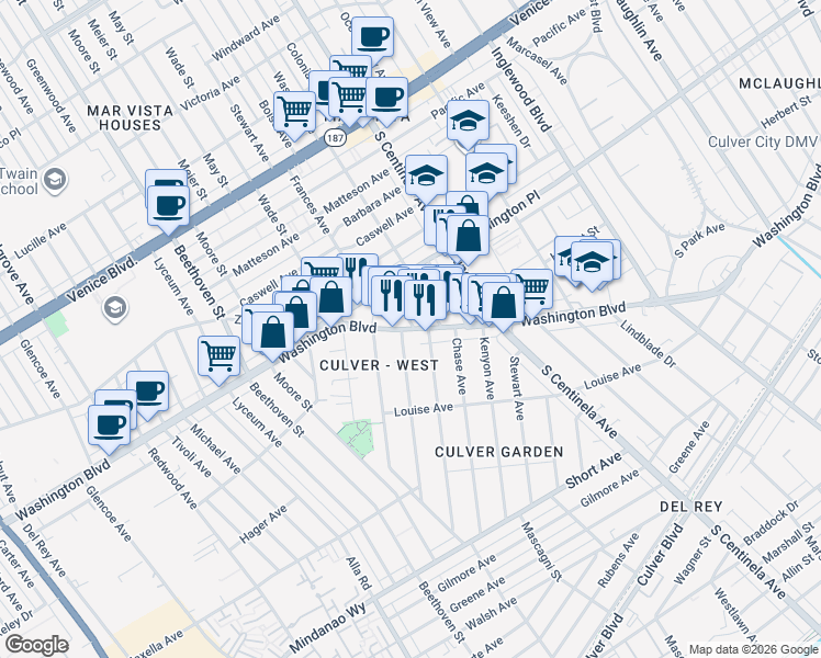 map of restaurants, bars, coffee shops, grocery stores, and more near in Los Angeles