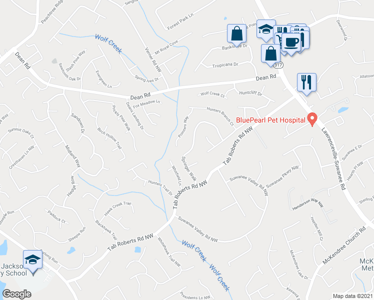 map of restaurants, bars, coffee shops, grocery stores, and more near 2205 Springer Walk in Lawrenceville