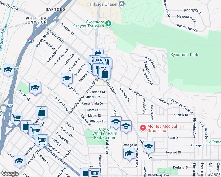 map of restaurants, bars, coffee shops, grocery stores, and more near 11514 Beverly Boulevard in Whittier