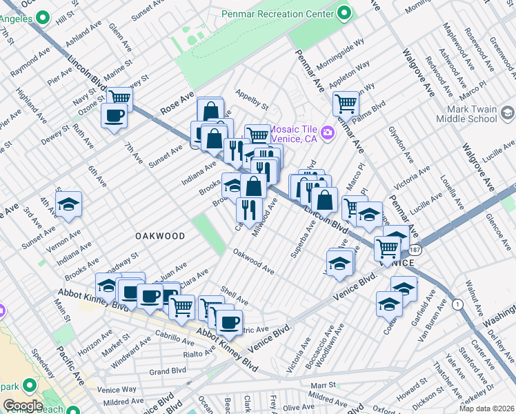 map of restaurants, bars, coffee shops, grocery stores, and more near 920 California Avenue in Los Angeles