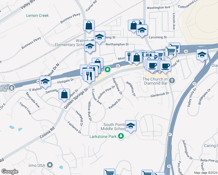 map of restaurants, bars, coffee shops, grocery stores, and more near 20735 Hollow Pine Drive in Walnut