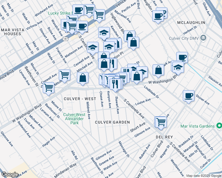 map of restaurants, bars, coffee shops, grocery stores, and more near 12404 Washington Boulevard in Los Angeles