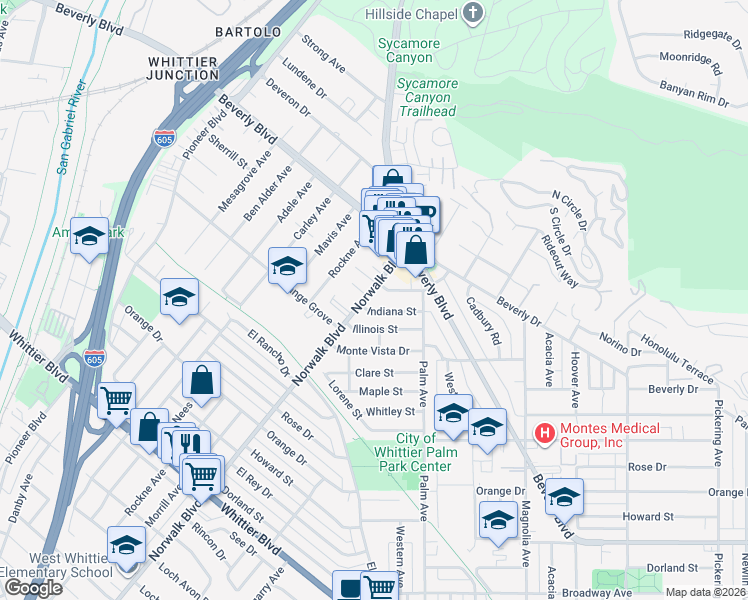 map of restaurants, bars, coffee shops, grocery stores, and more near 5518 Norwalk Boulevard in Whittier