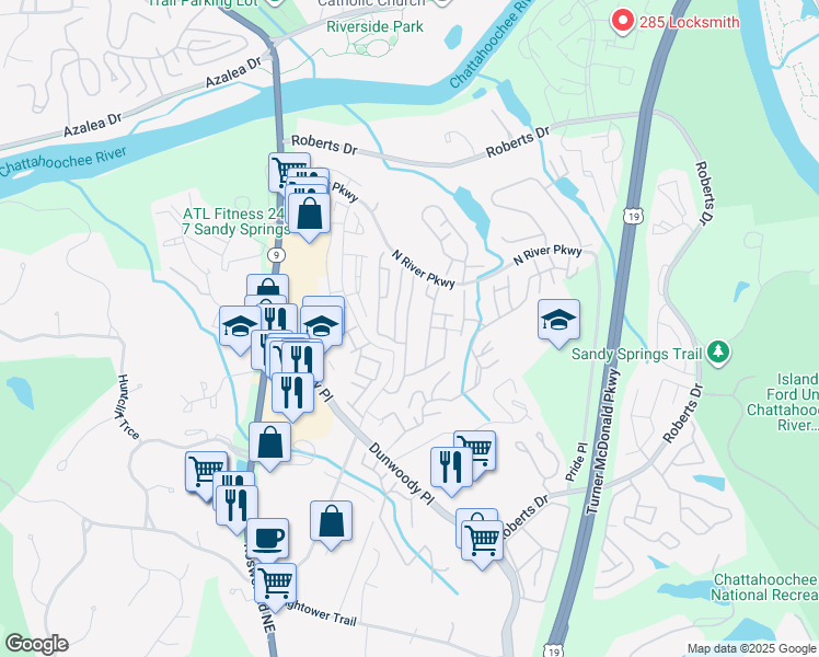 map of restaurants, bars, coffee shops, grocery stores, and more near 501 N River Pkwy in Sandy Springs