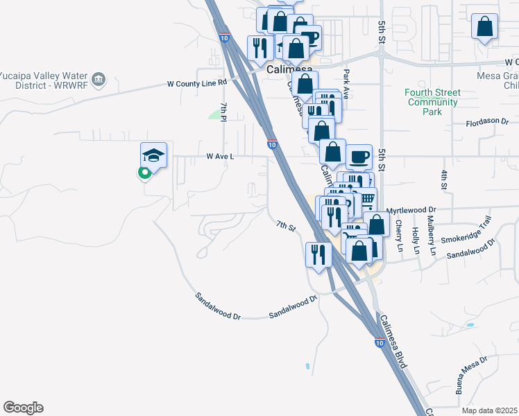 map of restaurants, bars, coffee shops, grocery stores, and more near 1100 7th Street in Calimesa