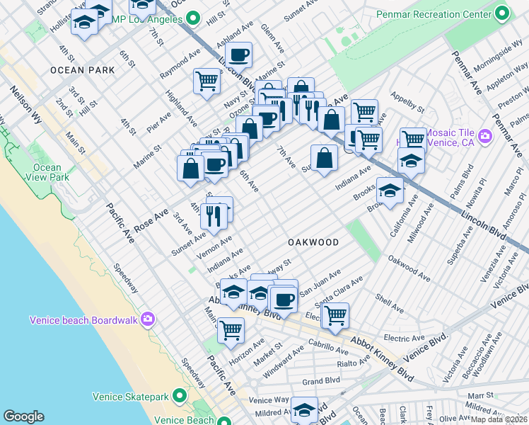 map of restaurants, bars, coffee shops, grocery stores, and more near 559 Vernon Avenue in Los Angeles