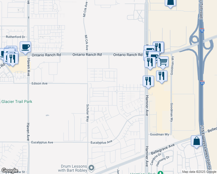 map of restaurants, bars, coffee shops, grocery stores, and more near 4241 East Carmel Privado in Ontario
