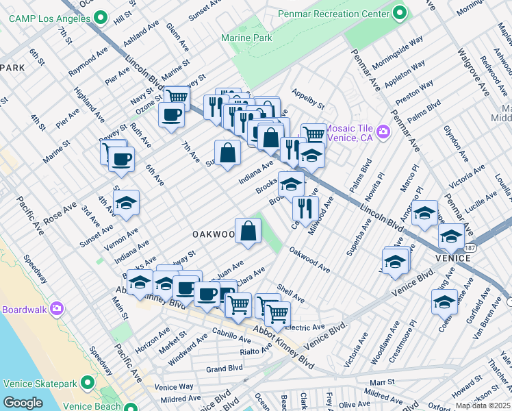 map of restaurants, bars, coffee shops, grocery stores, and more near 724 San Miguel Avenue in Los Angeles