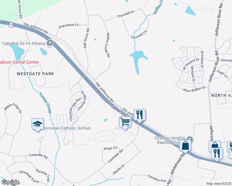 map of restaurants, bars, coffee shops, grocery stores, and more near 6050 Old Jefferson Road in Athens