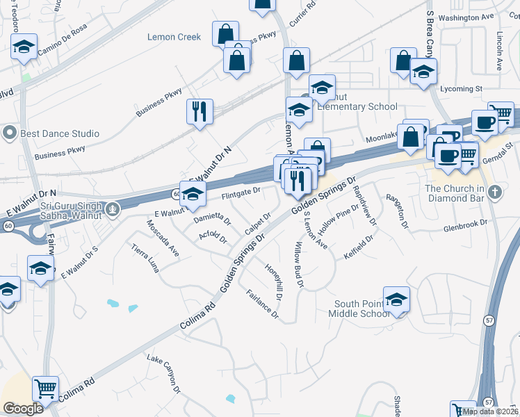 map of restaurants, bars, coffee shops, grocery stores, and more near 1136 Belbury Drive in Walnut