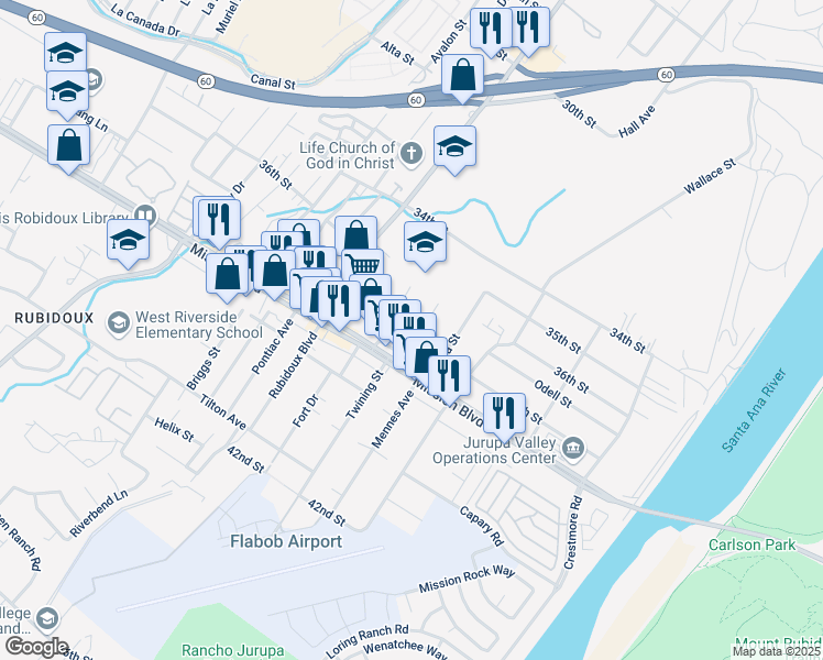 map of restaurants, bars, coffee shops, grocery stores, and more near 3641 Mintern Street in Riverside