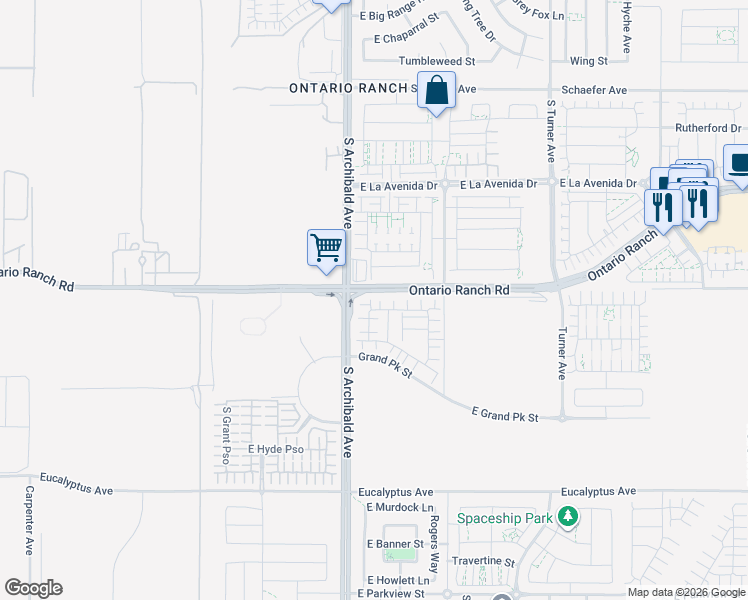 map of restaurants, bars, coffee shops, grocery stores, and more near 2788 East Berry Loop Privado in Ontario