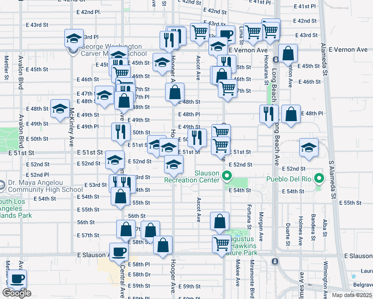 map of restaurants, bars, coffee shops, grocery stores, and more near 1346 East 50th Street in Los Angeles