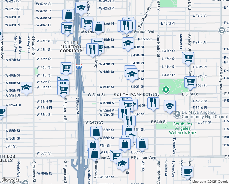 map of restaurants, bars, coffee shops, grocery stores, and more near 209 1/2 West 50th Street in Los Angeles