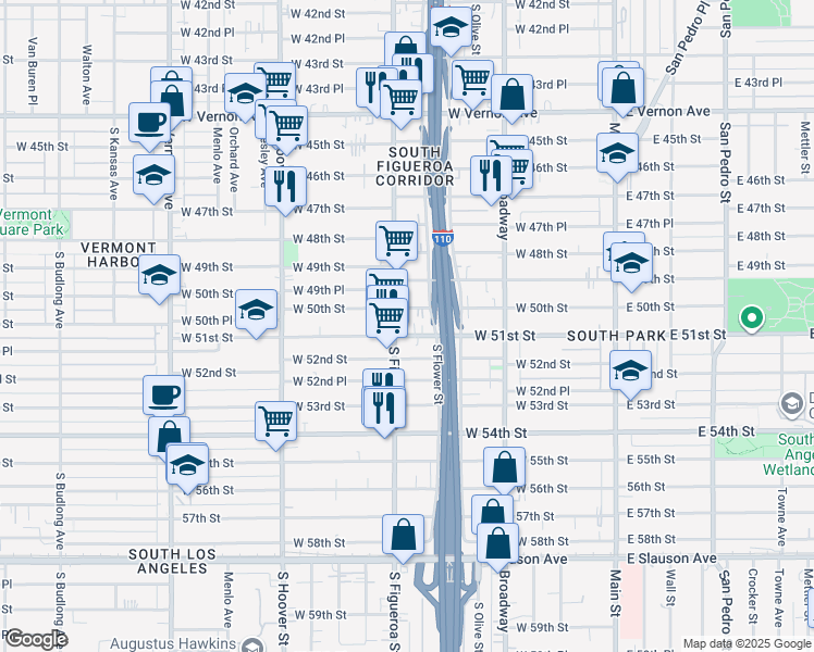 map of restaurants, bars, coffee shops, grocery stores, and more near 455 West 50th Street in Los Angeles