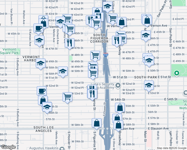 map of restaurants, bars, coffee shops, grocery stores, and more near 455 West 50th Street in Los Angeles