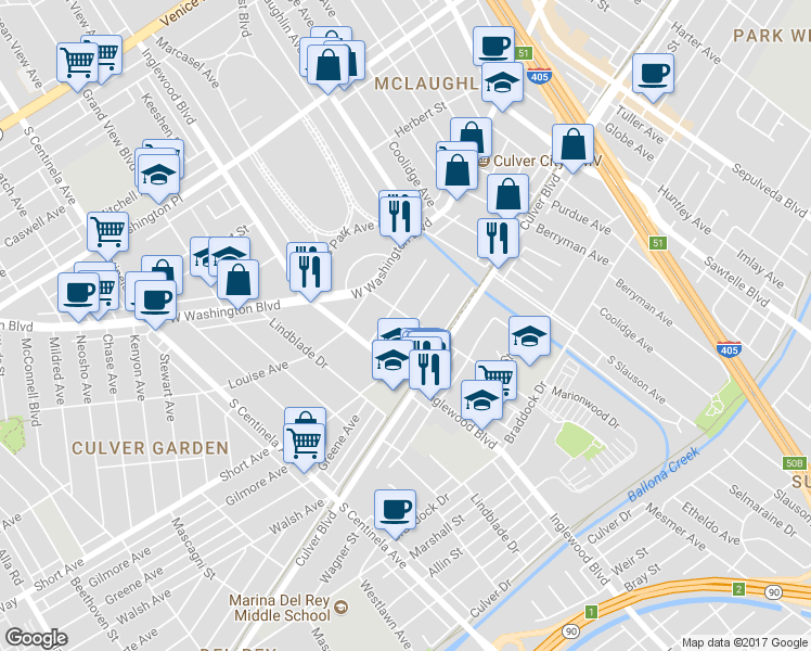 map of restaurants, bars, coffee shops, grocery stores, and more near in Culver City