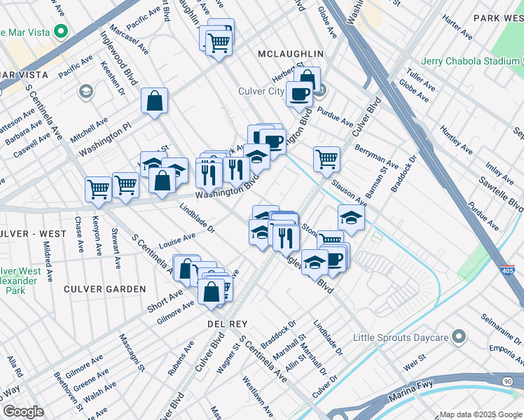 map of restaurants, bars, coffee shops, grocery stores, and more near in Culver City