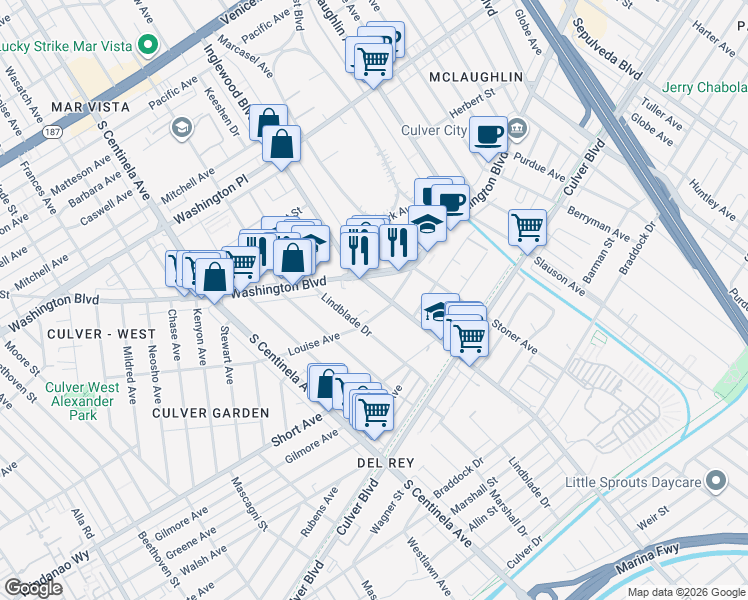 map of restaurants, bars, coffee shops, grocery stores, and more near 12000 West Washington Boulevard in Los Angeles